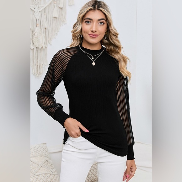 Round Neck Semi-Sheer Sleeve Blouse - Picture 1 of 5